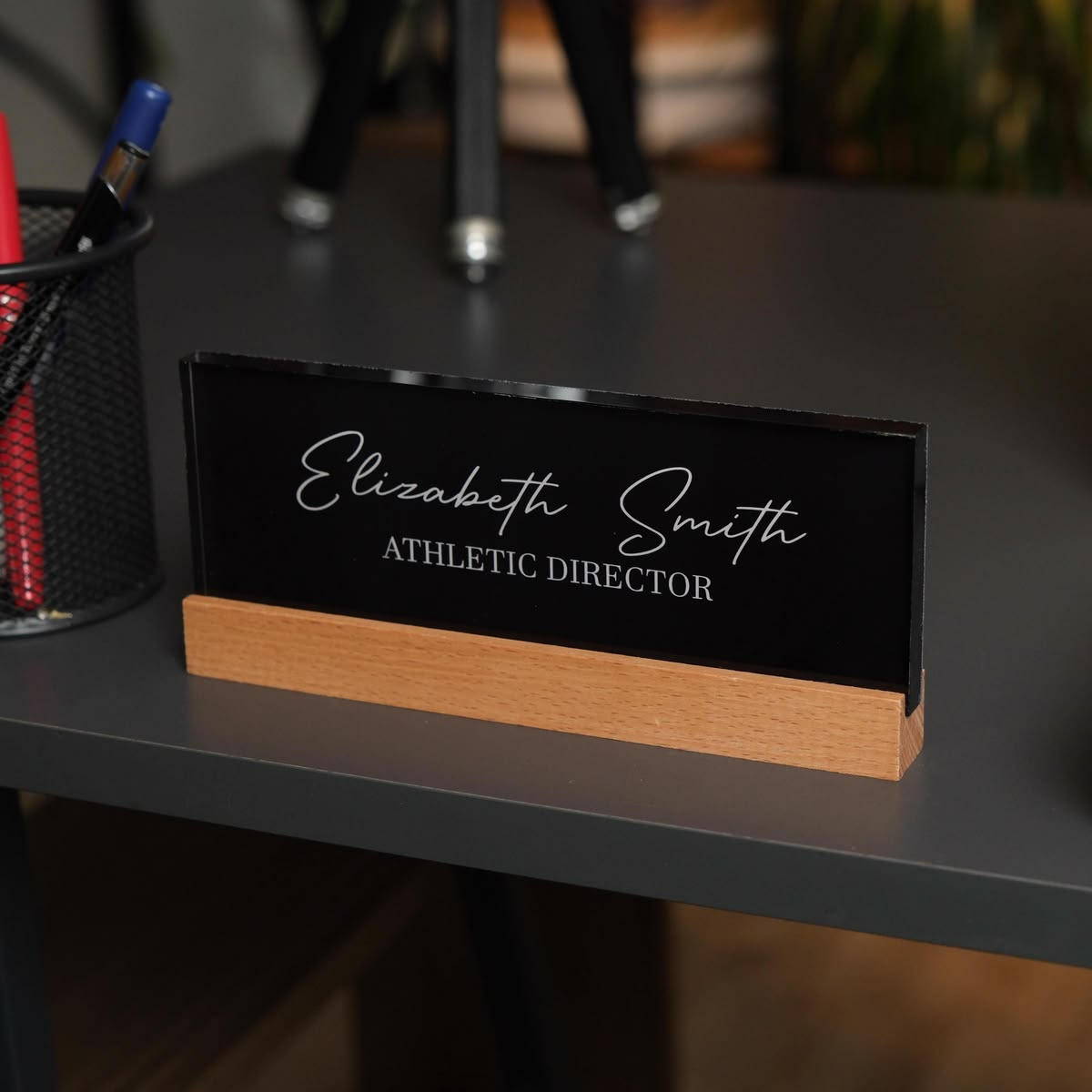 Customized Acrylic Desk Name Plate with Wooden Stand (Black)